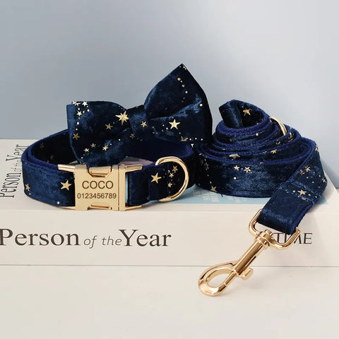 Personalizzabile - set collare per cani stelline dorate blu