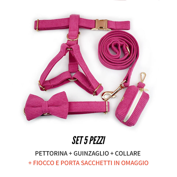 PERSONALIZZABILE - SET PETTORINA PER CANI IN VELLUTO ROSA FRAGOLA A COSTE