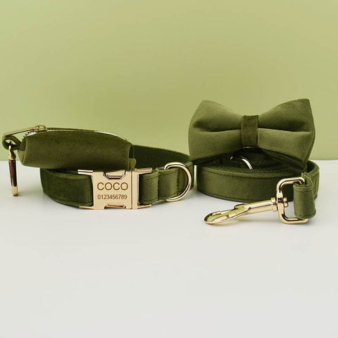 PERSONALIZZABILE - SET COLLARE PER CANI IN VELLUTO VERDE MILITARE